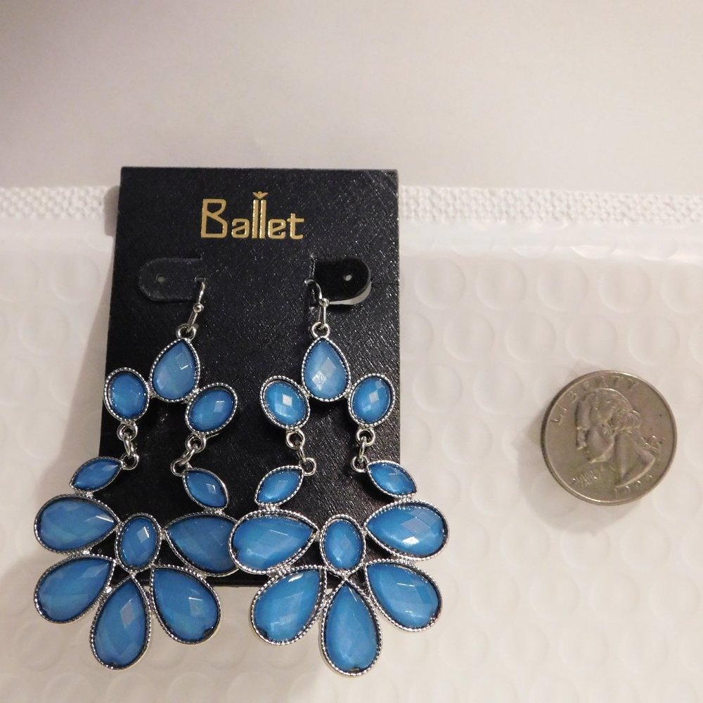 Ballet Ladies Drop Dangle Earrings Blue Silver Tones Hook Fasteners